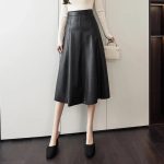 A-line-Leather-Splicing-High-Waist-Skirts-For-Women-Office-Elegant-Mid-length-Skirt-Female-Autumn