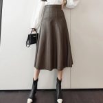 A-line-Leather-Splicing-High-Waist-Skirts-For-Women-Office-Elegant-Mid-length-Skirt-Female-Autumn