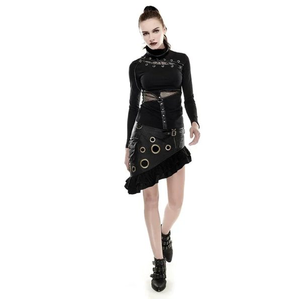 PUNK-RAVE-Steampunk-Flounce-Kilt-Texture-Coarse-grain-PU-Leather-Symmetrical-Skirt-Rock-Vintage-Knee-Length